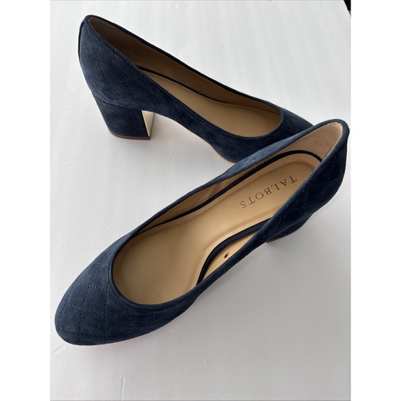 Fall Trending Suede Talbots Isa Blue Quilt Stitch Gold Detail Block Heel Size 8M - Picture 1 of 8
